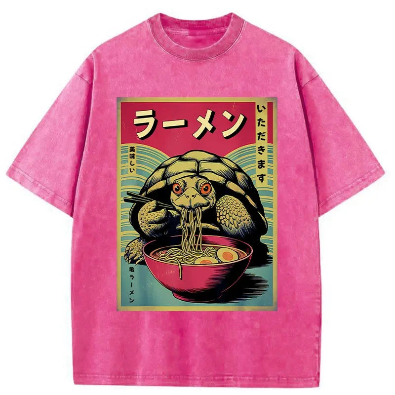 Tokyo-Assassin Turtle Eating Ramen Washed T-Shirt-Tokyo-Assassin
