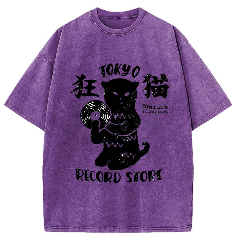 Tokyo-Assassin Tokyo Record Store Cat CD Washed T-Shirt-Tokyo-Assassin