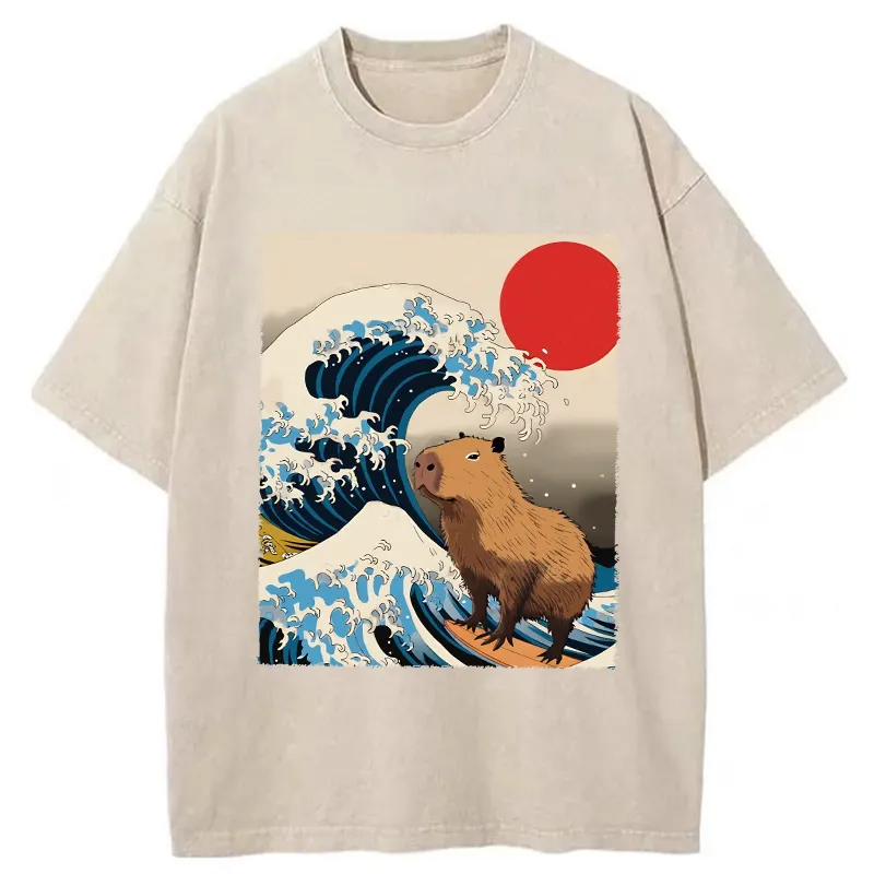 Tokyo-Assassin Funny Capybara Surfing Washed T-Shirt-Tokyo-Assassin
