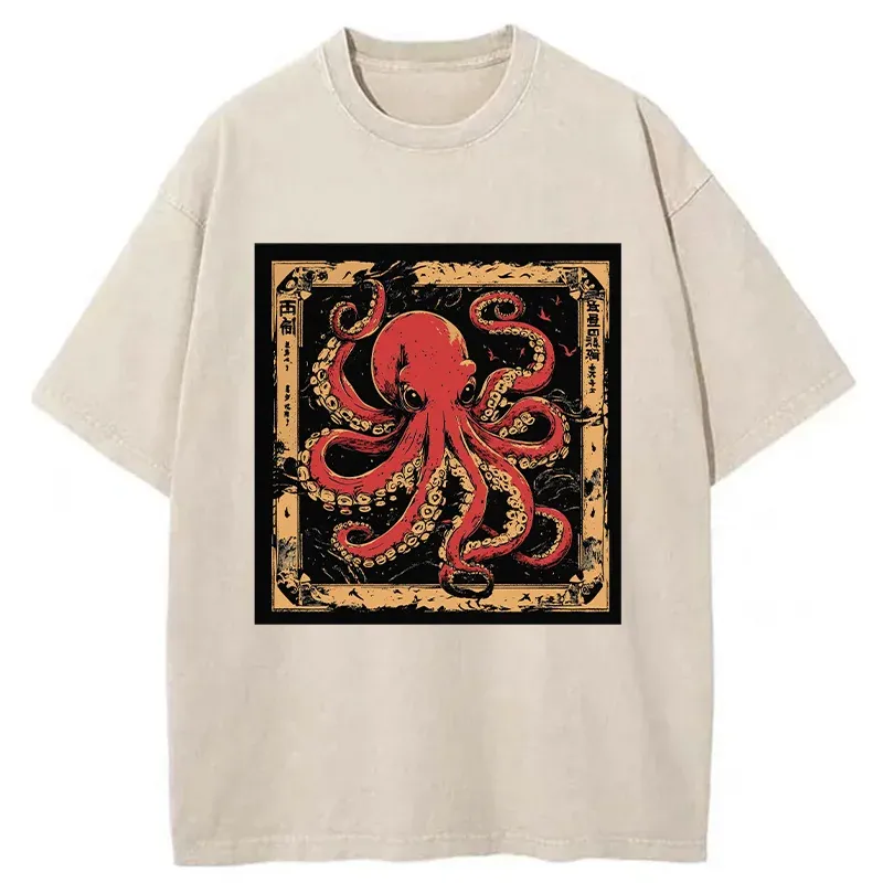 Tokyo-Assassin Retro Japanese Octopus Washed T-Shirt-Tokyo-Assassin