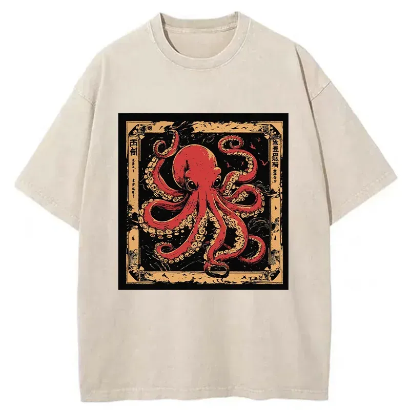 Tokyo-Assassin Retro Japanese Octopus Washed T-Shirt-Tokyo-Assassin