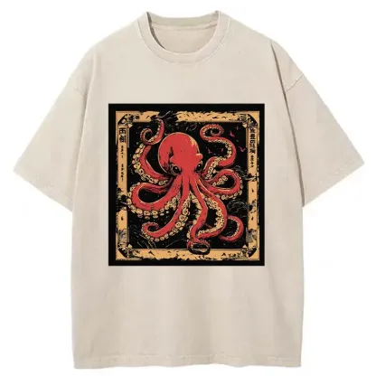 Tokyo-Assassin Retro Japanese Octopus Washed T-Shirt-Tokyo-Assassin