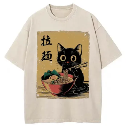 Tokyo-Assassin Retro Black Cat Eating Ramen Washed T-Shirt-Tokyo-Assassin