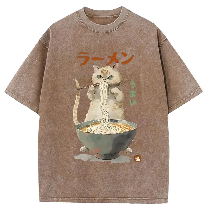 Tokyo-Assassin Cute Cat Eating Yummy Ramen Washed T-Shirt-Tokyo-Assassin