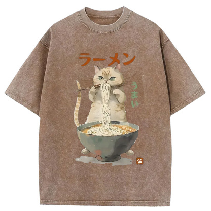Tokyo-Assassin Cute Cat Eating Yummy Ramen Washed T-Shirt-Tokyo-Assassin