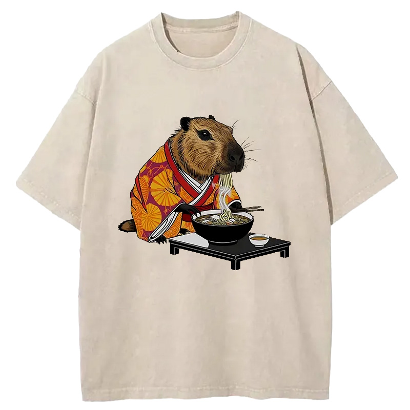 Tokyo-Assassin Cute Capybara Eating Ramen Washed T-Shirt-Tokyo-Assassin