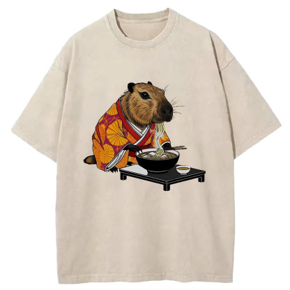 Tokyo-Assassin Cute Capybara Eating Ramen Washed T-Shirt-Tokyo-Assassin