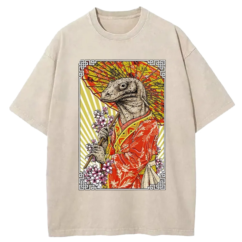 Tokyo-Assassin Elegant Lizard Holding An Umbrella Washed T-Shirt-Tokyo-Assassin