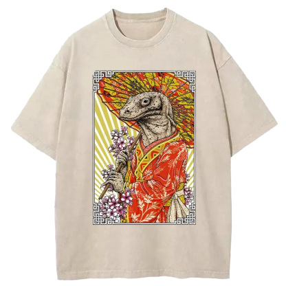Tokyo-Assassin Elegant Lizard Holding An Umbrella Washed T-Shirt-Tokyo-Assassin
