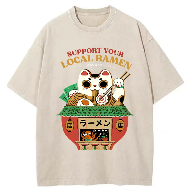 Tokyo-Assassin Lucky Cat Eating Ramen Mic Washed T-Shirt-Tokyo-Assassin