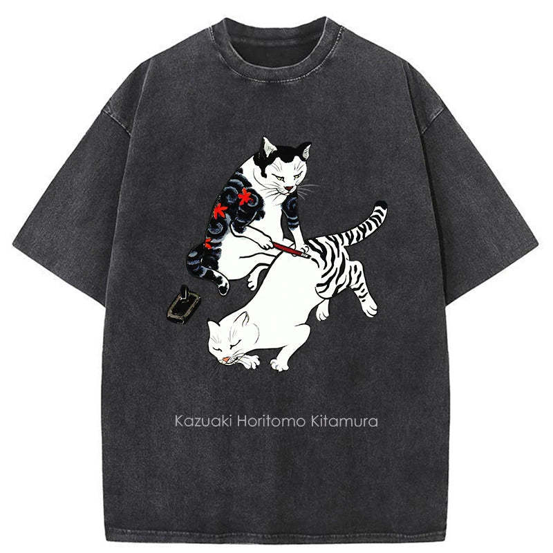 Tokyo-Assassin The Cat Is Tattooing Washed T-Shirt-Tokyo-Assassin
