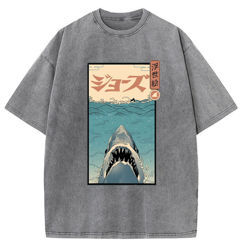 Tokyo-Assassin Great White Shark Japanese Washed T-Shirt-Tokyo-Assassin