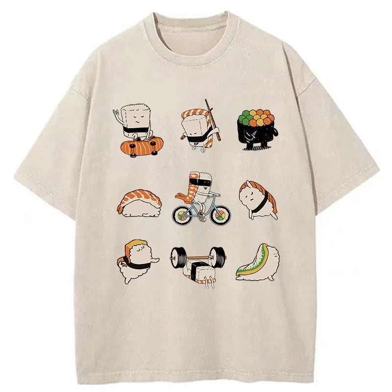 Tokyo-Assassin Cute Sports Sushi Washed T-Shirt-Tokyo Assassin