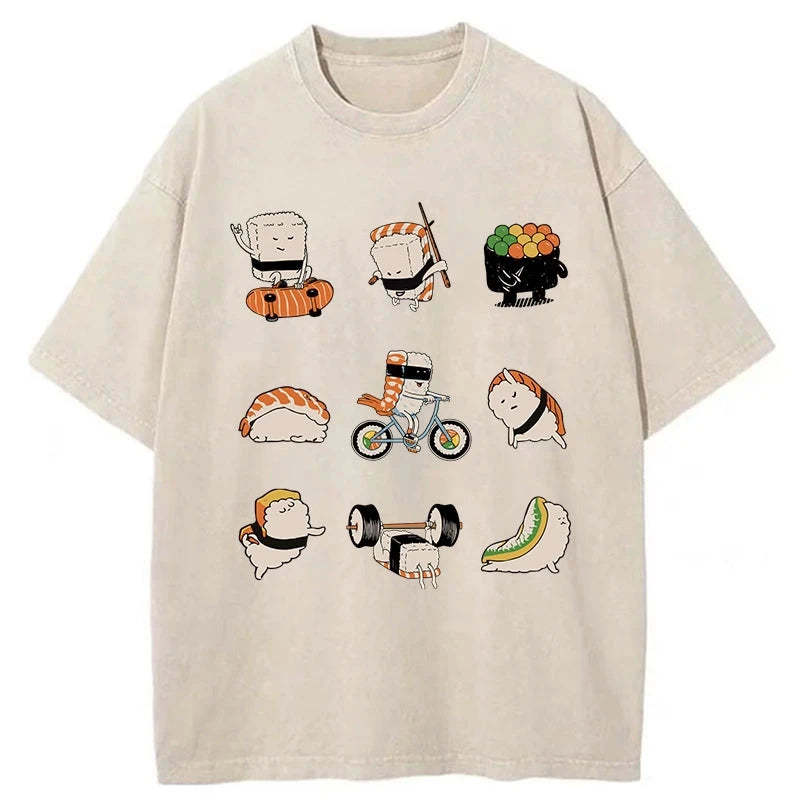 Tokyo-Assassin Cute Sports Sushi Washed T-Shirt-Tokyo Assassin