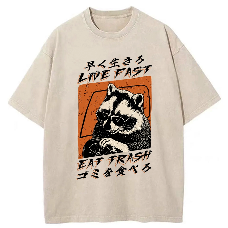 Tokyo-Assassin Raccoon Live Fast Eat Trash Washed T-Shirt-Tokyo-Assassin