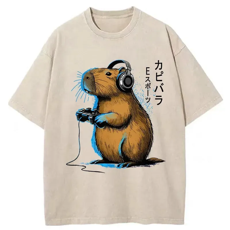 Tokyo-Assassin Capybara Playing E-sports Washed T-Shirt-Tokyo-Assassin