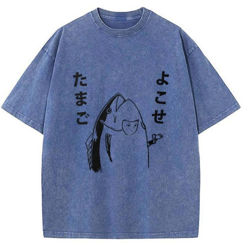 Tokyo-Assassin Give Me Egg Japanese Fish Washed T-Shirt-Tokyo-Assassin