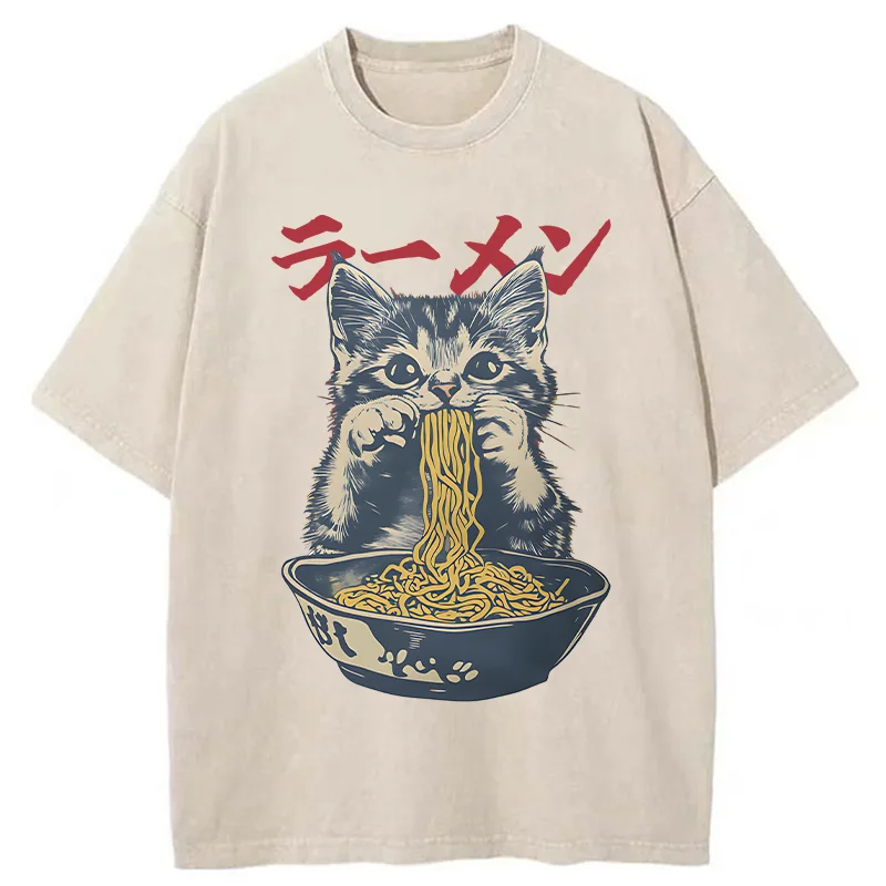 Tokyo-Assassin Cute Cat Is Eating Ramen Washed T-Shirt-Tokyo-Assassin