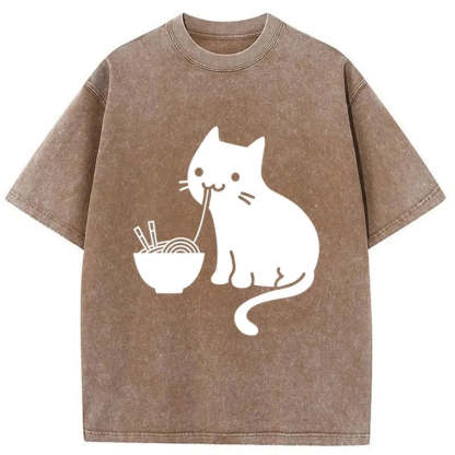 Tokyo-Assassin Cat Eating Ramen Japan Washed T-Shirt-Tokyo Assassin