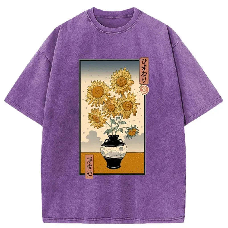 Tokyo-Assassin Sunflowers Ukiyo-e Washed T-Shirt-Tokyo-Assassin