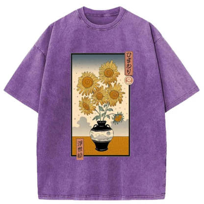 Tokyo-Assassin Sunflowers Ukiyo-e Washed T-Shirt-Tokyo-Assassin