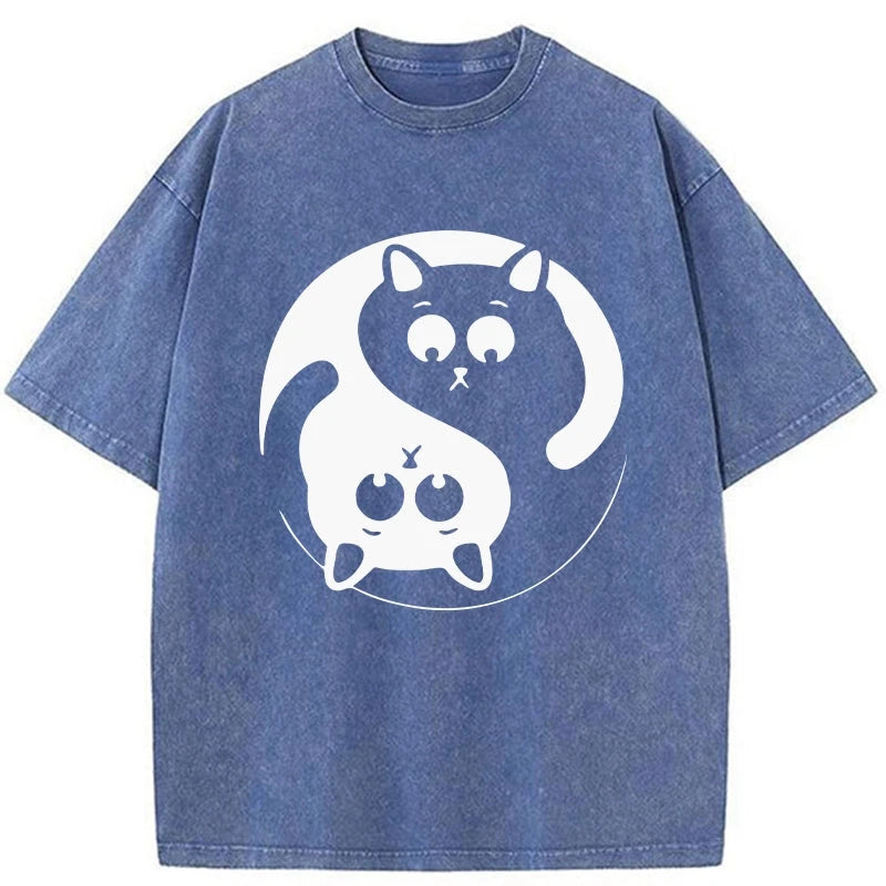 Tokyo-Assassin Yin Yang Gossip Cat Washed T-Shirt-Tokyo-Assassin