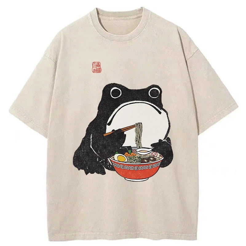 Tokyo-Assassin Funny Frog Eating Ramen Washed T-Shirt-Tokyo-Assassin
