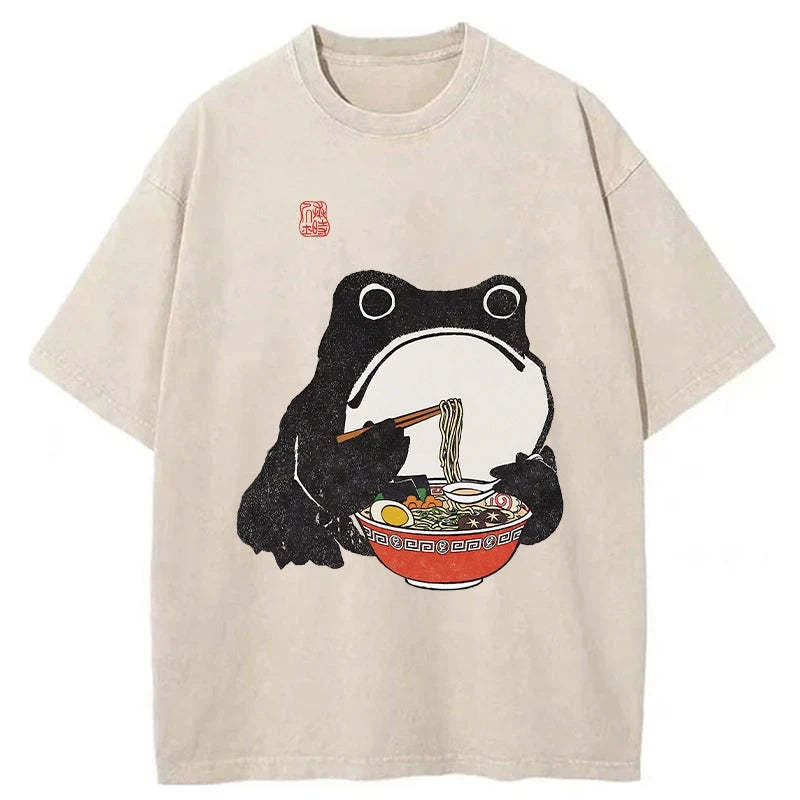 Tokyo-Assassin Funny Frog Eating Ramen Washed T-Shirt-Tokyo-Assassin