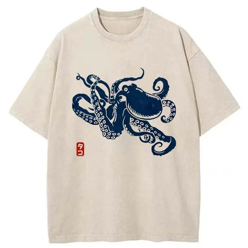 Tokyo-Assassin Japanese Octopus Washed T-Shirt-Tokyo-Assassin