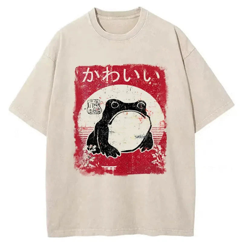 Tokyo-Assassin Woodblock Print Grumpy Frog Washed T-Shirt-Tokyo-Assassin