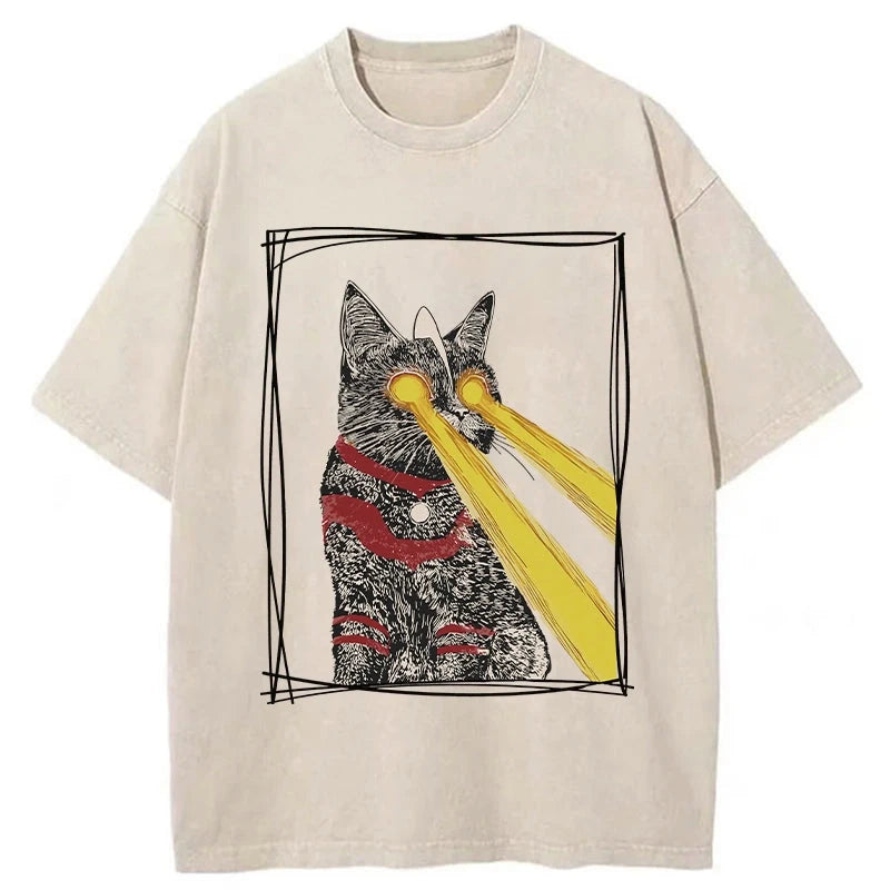 Tokyo-Assassin Laser Eye Cat Washed T-Shirt-Tokyo-Assassin