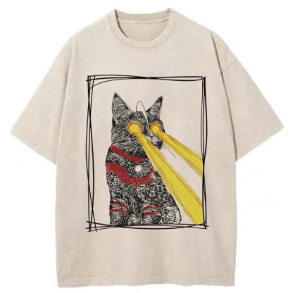 Tokyo-Assassin Laser Eye Cat Washed T-Shirt-Tokyo-Assassin