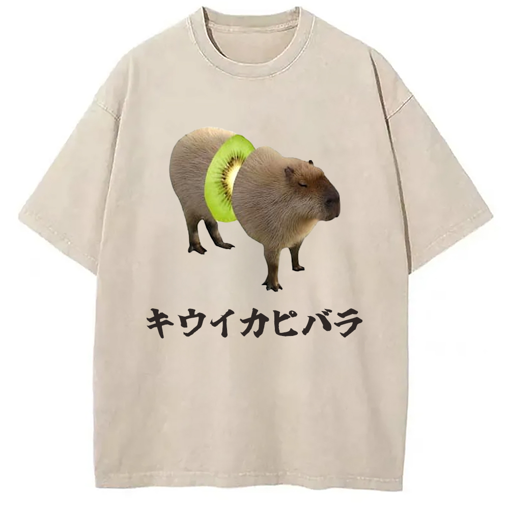 Tokyo-Assassin Kiwi Capybara Funny Meme Washed T-Shirt-Tokyo-Assassin