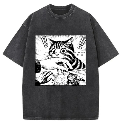 Tokyo-Assassin Cat Biting Funny Washed T-Shirt-Tokyo-Assassin