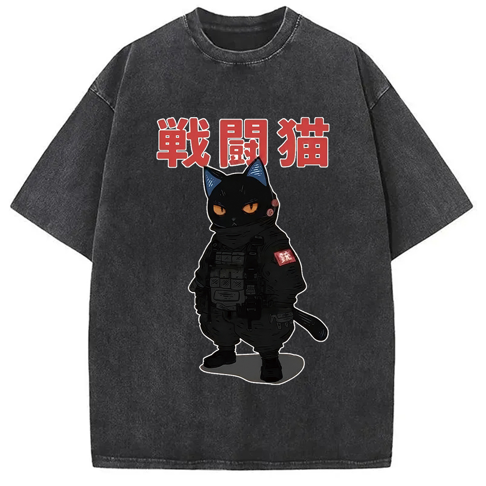Tokyo-Assassin Fighting Cat Washed T-Shirt-Tokyo-Assassin