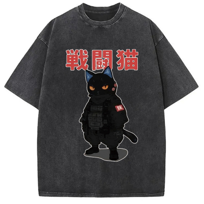Tokyo-Assassin Fighting Cat Washed T-Shirt-Tokyo-Assassin