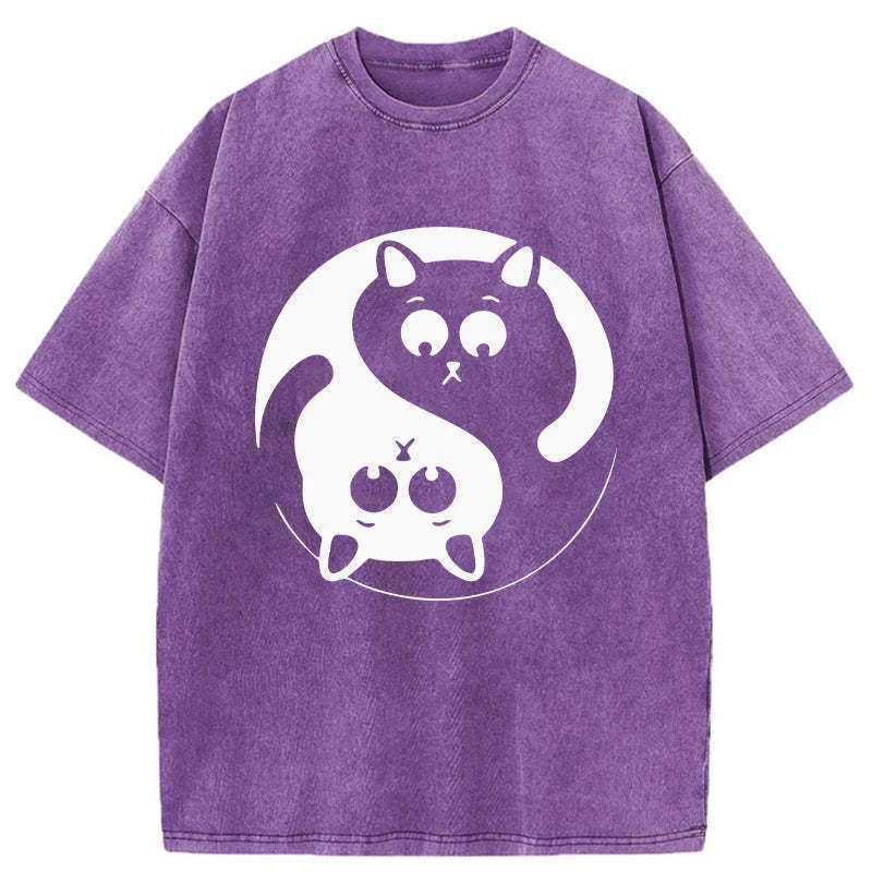 Tokyo-Assassin Yin Yang Gossip Cat Washed T-Shirt-Tokyo-Assassin