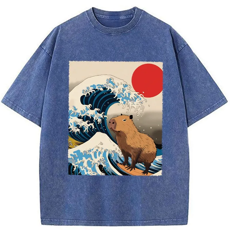 Tokyo-Assassin Funny Capybara Surfing Washed T-Shirt-Tokyo-Assassin