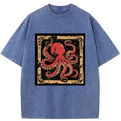 Tokyo-Assassin Retro Japanese Octopus Washed T-Shirt-Tokyo-Assassin