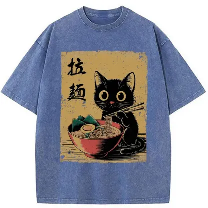 Tokyo-Assassin Retro Black Cat Eating Ramen Washed T-Shirt-Tokyo-Assassin
