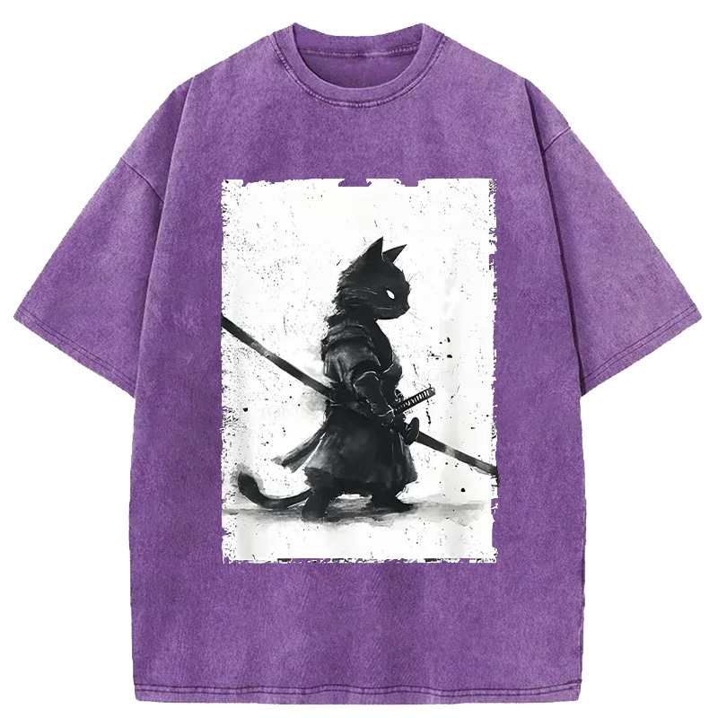 Tokyo-Assassin Retro Cat Samurai Japanese Washed T-Shirt-Tokyo-Assassin