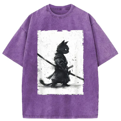 Tokyo-Assassin Retro Cat Samurai Japanese Washed T-Shirt-Tokyo-Assassin
