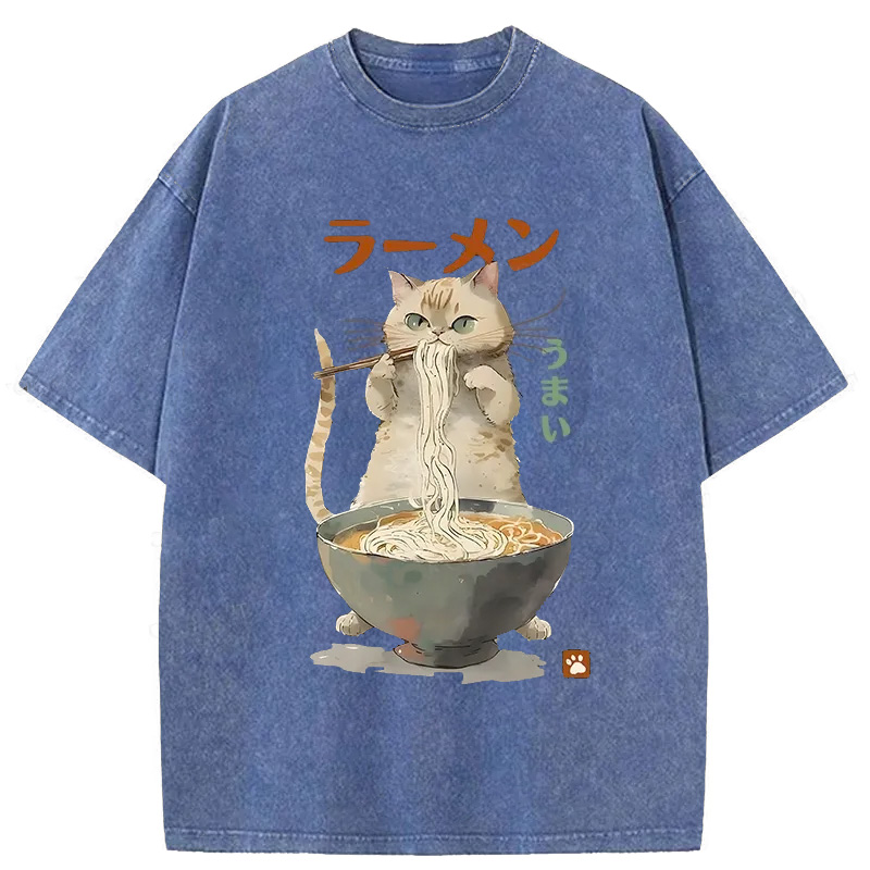 Tokyo-Assassin Cute Cat Eating Yummy Ramen Washed T-Shirt-Tokyo-Assassin