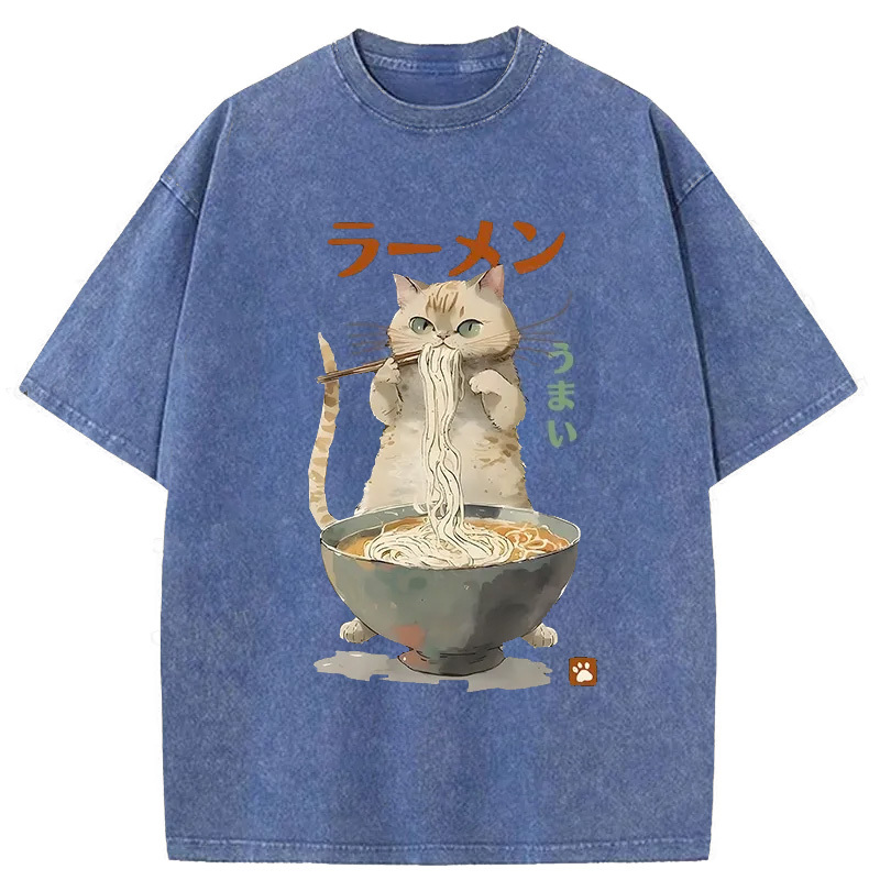 Tokyo-Assassin Cute Cat Eating Yummy Ramen Washed T-Shirt-Tokyo-Assassin