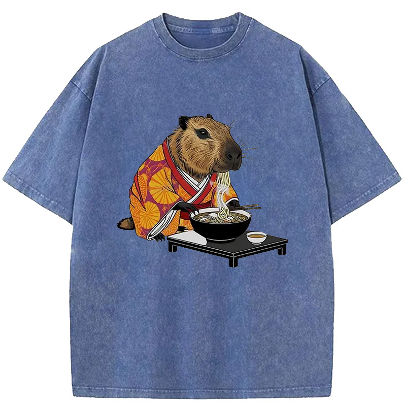 Tokyo-Assassin Cute Capybara Eating Ramen Washed T-Shirt-Tokyo-Assassin