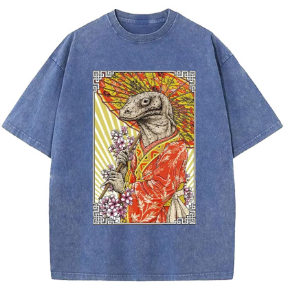 Tokyo-Assassin Elegant Lizard Holding An Umbrella Washed T-Shirt-Tokyo-Assassin