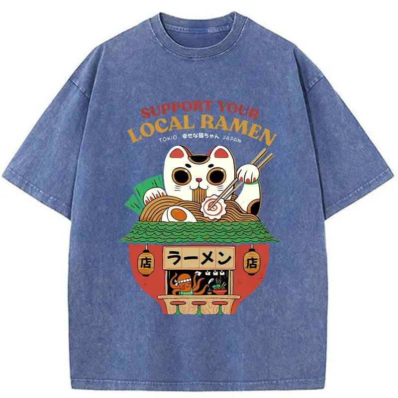 Tokyo-Assassin Lucky Cat Eating Ramen Mic Washed T-Shirt-Tokyo-Assassin