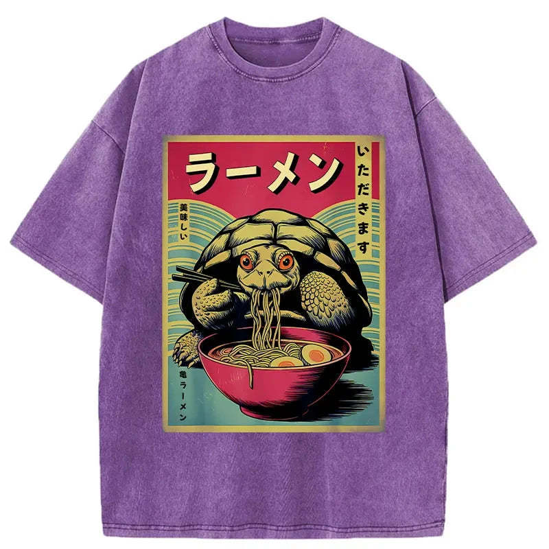 Tokyo-Assassin Turtle Eating Ramen Washed T-Shirt-Tokyo-Assassin