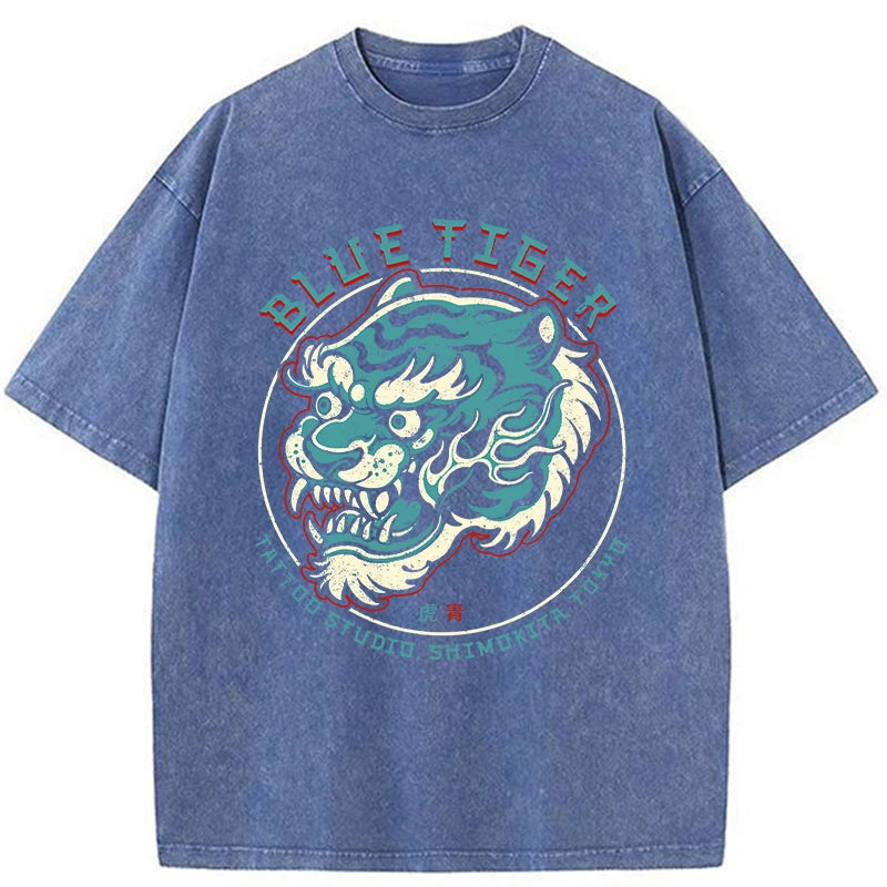 Tokyo-Assassin Blue Tiger Japanese Washed T-Shirt-Tokyo-Assassin