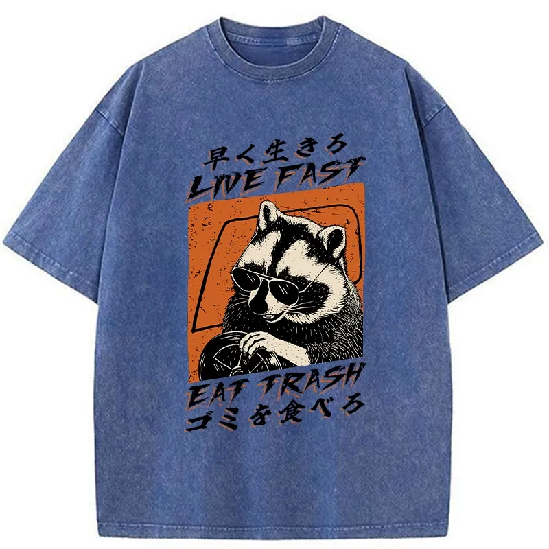 Tokyo-Assassin Raccoon Live Fast Eat Trash Washed T-Shirt-Tokyo-Assassin
